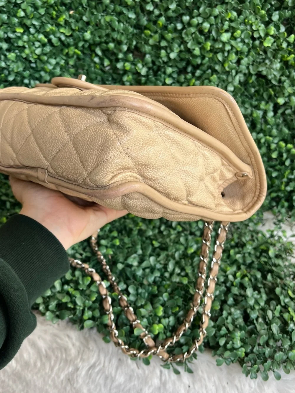 CHANEL Beige Quilted Leather Shoulder Bag with Silver-Tone CC